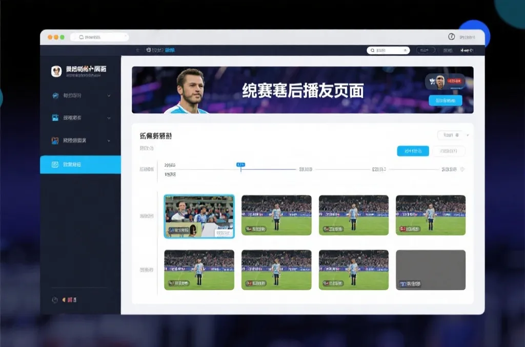 比赛结束后，电视屏幕展示集锦回放页面，旁边有时间轴和多角度切换提示